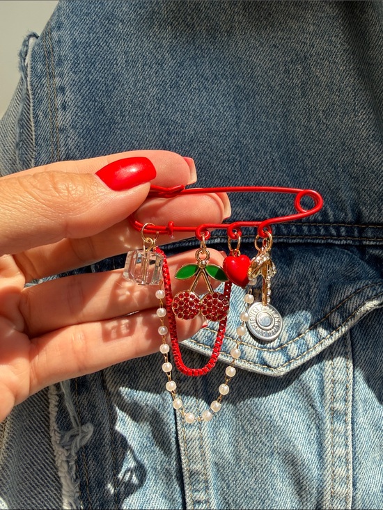 Anthropologie Jewelry - Red Cherry Charm Safety Pin Brooch